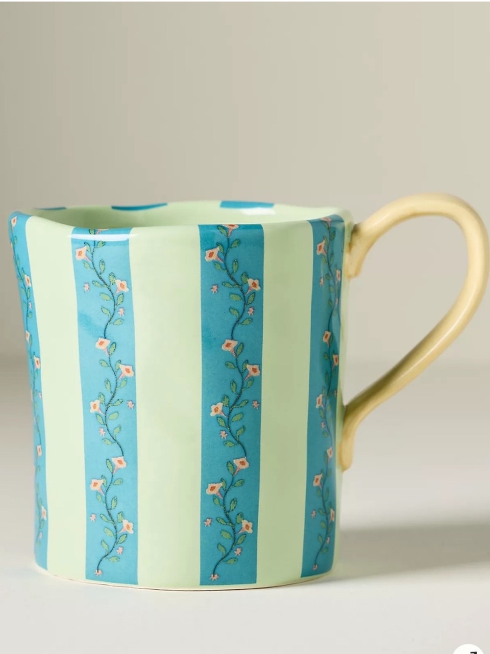 Anthropologie Striped Floral Stoneware Mug in Teal Blue and Mint Green